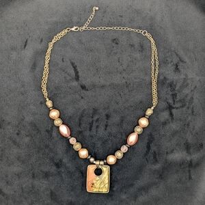 Green and Brown Enamel Pendant Necklace Gold